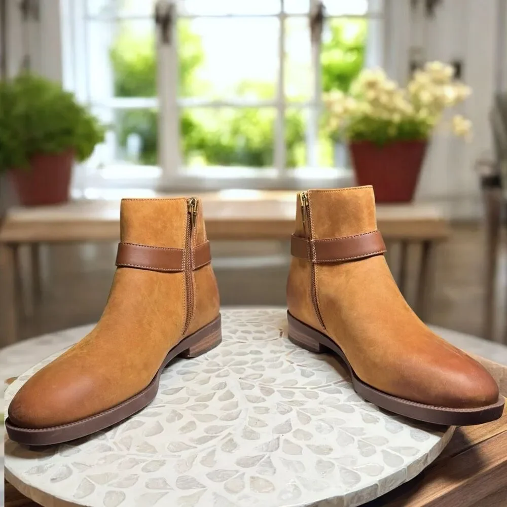 Vionic $190 Rhiannon Equestrian Ankle Boots Cognac Nubuck Leather Buckle Detail